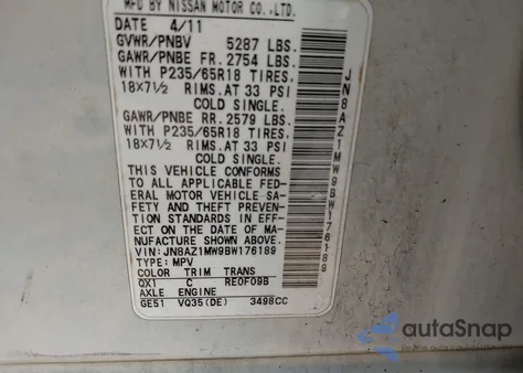 2011 Nissan Murano S z USA, uszkodzony, nr VIN JN8AZ1MW9BW176189